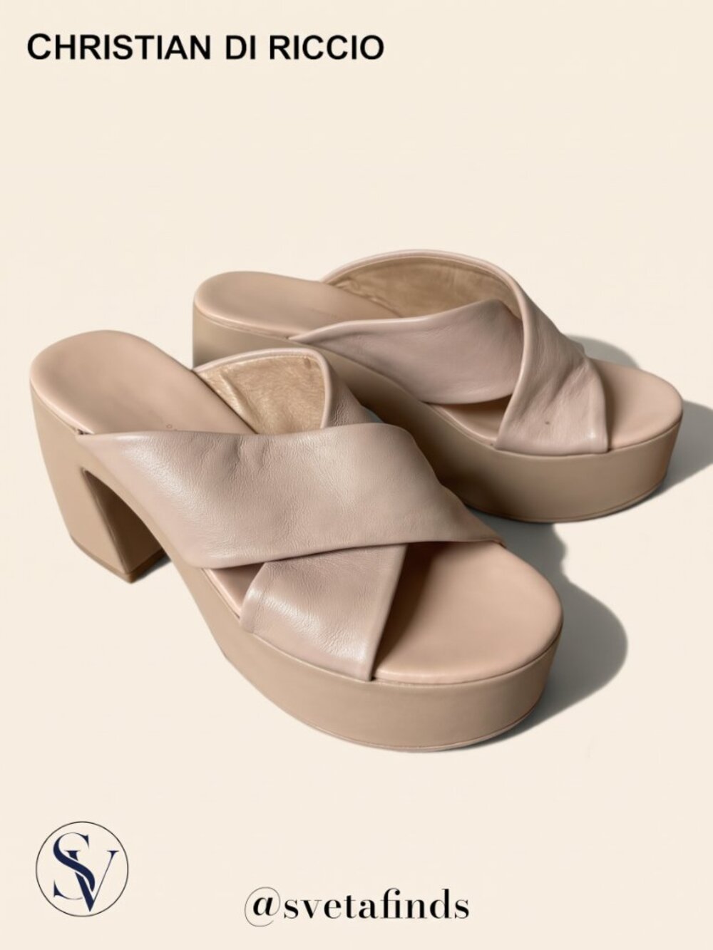 Christian Di Riccio Cream Leather Criss Cross Platform Block Heel Size 39-US 8.5